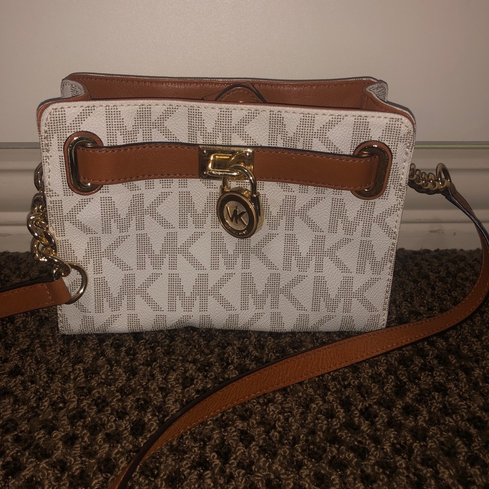 Michael Kors Printed White and Tan Crossbody Purse